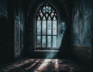 Fototapeta premium Gothic interior with stained-glass window and spectral figure.
