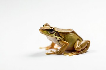 Fototapeta premium Small brown frog, solitary on plain white backdrop , nature, white background