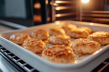 Baked balls in a white ceramic dish,  kitchen oven