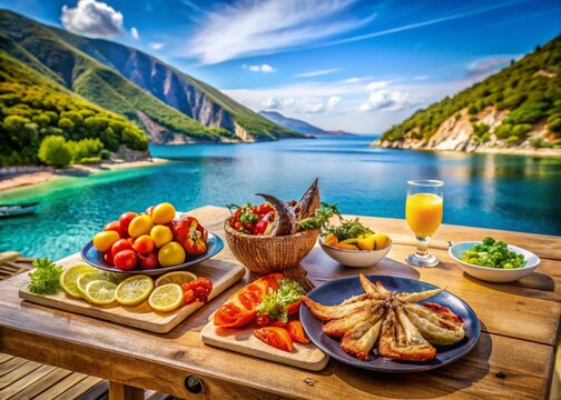 Myrtos Beach, Kefalonia, Greece: Stunning Coastal Food Photography with Agia Dynati & Kalos Oron Mountains
