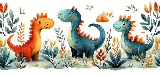 Adorable Watercolor Dinosaurs in a Lush Garden
