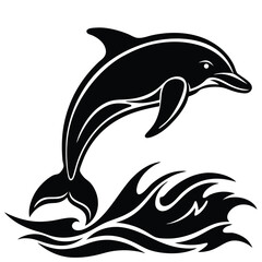 Black and White Dolphin Leaping from Waves - Vector Illustration - Tattoo Design