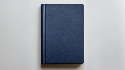 A closed hardcover book with a solid navy blue cover and visible spine, lying flat on a seamless white background, viewed from directly above. Created Using: flat lay photography, macro lens clarity,