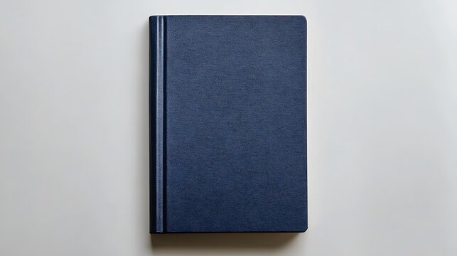 A closed hardcover book with a solid navy blue cover and visible spine, lying flat on a seamless white background, viewed from directly above. Created Using: flat lay photography, macro lens clarity,