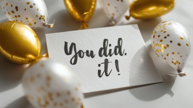 You Did It!: Celebration card with gold and white confetti balloons. - Powered by Adobe