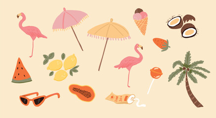 Doodle clip art. Summer items. Flamingos, palm tree, beach umbrellas, ice cream cone, watermelon slice, lemons, coconut halves, lollipop, strawberry, sunglasses, sun cream tube. Vector illustration.