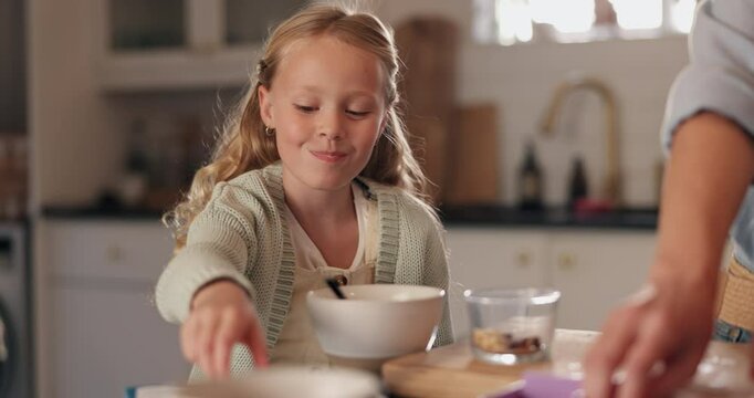 Hands, child and parent packing lunch box in home with sandwich, breakfast and food for back to school. Morning, guardian and girl eating in kitchen for bread, snack and meal for nutrition or care