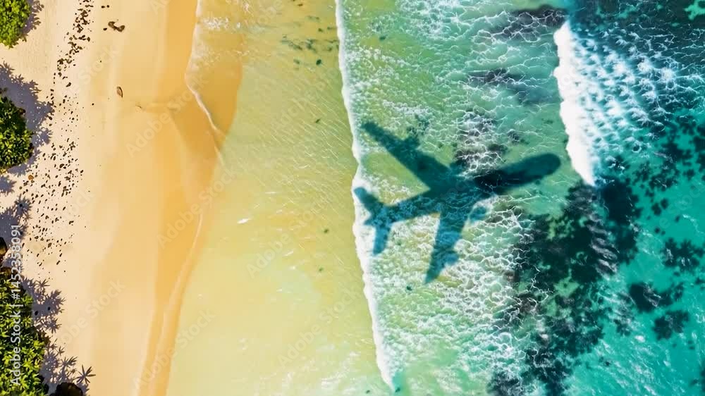Aufkleber aerial view of a picturesque beach with golden sand and turquoise waves. an airplane shadow creates 