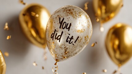 "You Did It!" Balloon: A clear balloon, adorned with gold confetti, floats amidst an array of golden balloons, the words "You did it!" proudly displayed, celebrating a special occasion.