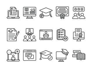Educational icons illustrating online learning concepts