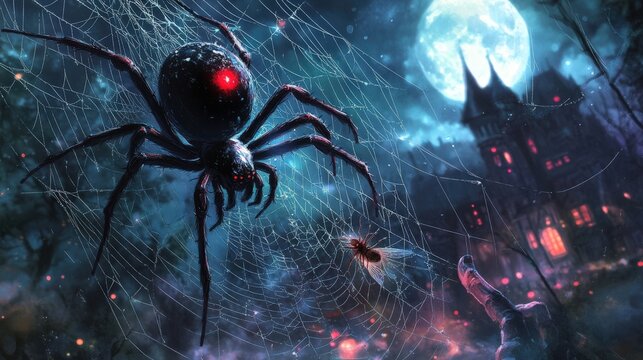 Large menacing spider in a spooky nocturnal landscape.