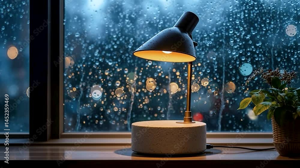 Poster a sleek desk lamp with a matte finish, positioned beside a window, casting warm light on a wooden su