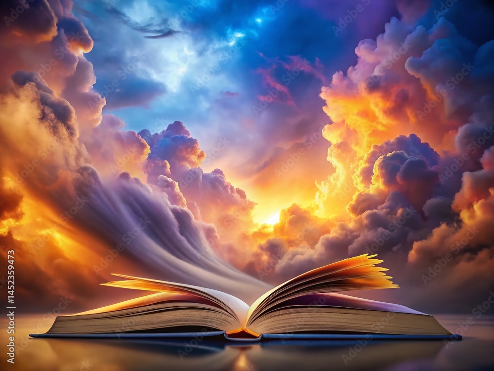 Poster open book colorful clouds abstract fantasy depth of field stock photo