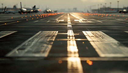 Airport runway lines with planes in the distance.  Generative AI.