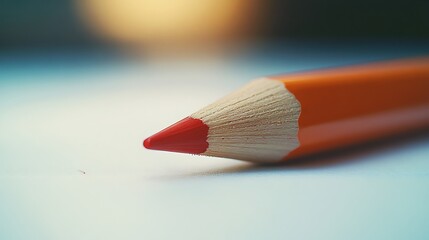 Obraz premium Freshly sharpened pencil with red eraser tip, laid flat on seamless white backdrop, viewed from a side angle with soft focus in background. Created Using: side product lighting,