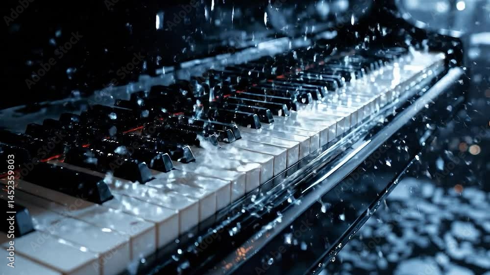 Aufkleber an intricate close-up of a grand piano keyboard, illuminated by dramatic blue lighting, with raindro