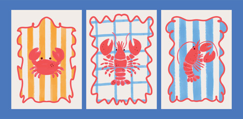 Watercolor posters with crab and lobster on striped yellow and blue backgrounds with red decorative frames. Hand drawn marine animals in doodle cartoon style. Vector illustration. © roze ultra