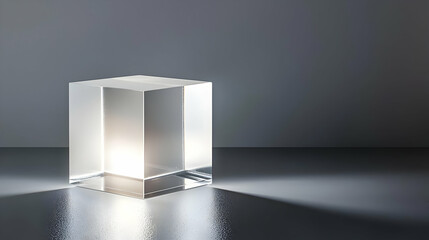 A translucent cube, lit from within, sits on a dark surface.  Light streams from the interior, creating an illuminated space