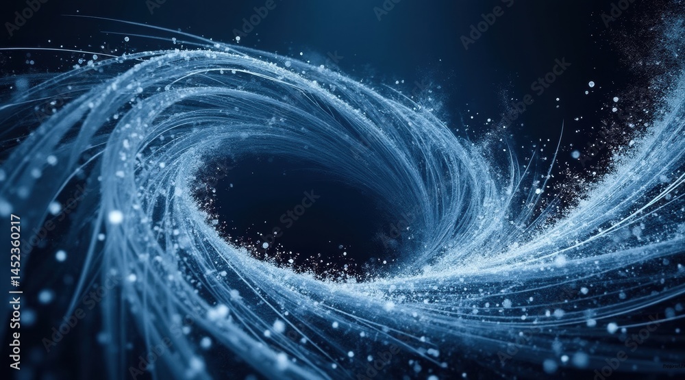 Poster a swirling vortex of blue light trails and particles against a dark background, creating a dynamic, 