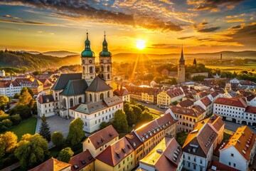 Obraz premium Panoramic Aerial View of Greiz Skyline at Sunset - Drone Photography