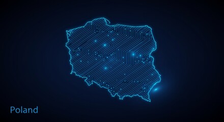 Futuristic glowing Poland map with circuit board design on dark gradient background