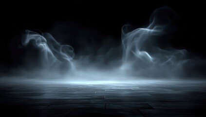 Fototapeta premium Wisps of smoke drift above a dark, mysterious tiled floor under dim, moody lighting.