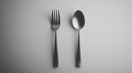 Minimalist presentation of spoon and fork in stainless steel, perfectly aligned on pure white surface, no shadows, ultra-clean look. Created Using: high-key lighting setup,