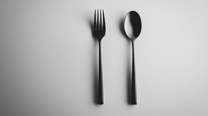 Modern stainless steel spoon and fork, placed slightly apart at a diagonal on bright white background, clean top view. Created Using: lifestyle cutlery photo style, elegant product angle,