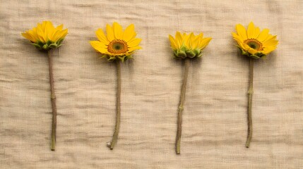 Four Small Sunflowers on Beige Linen Fabric