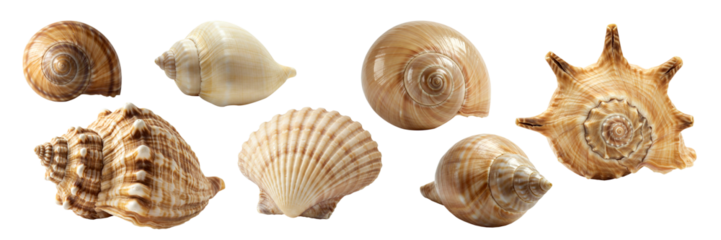 Various sea shells isolated on white background presented in close-up with highly detailed texture.