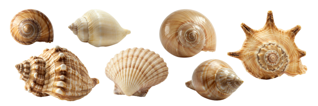 Various sea shells isolated on white background presented in close-up with highly detailed texture.