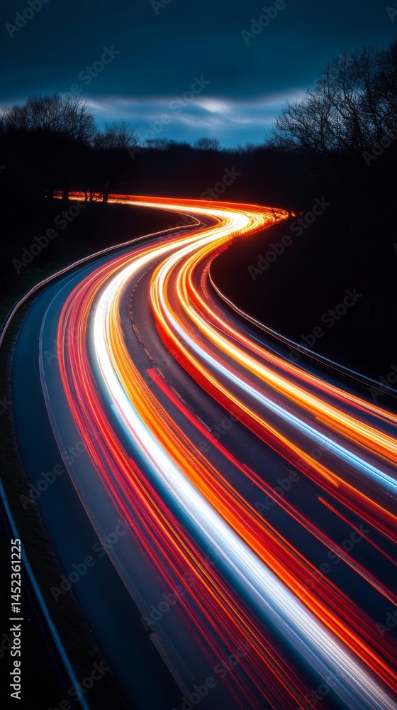 Wall mural a vibrant display of light trails on a winding road. the dynamic contrast between colors creates a c