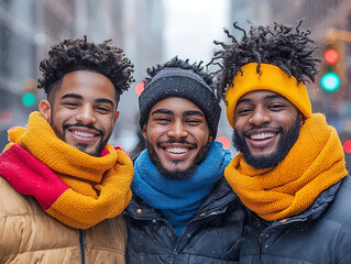 Smiling friends with winter city street.