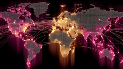 Global Network Connections with Colorful Lights and Digital Grid