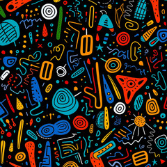 Obraz premium Colorful abstract doodle pattern with various shapes and lines on a dark background, perfect for creative projects.