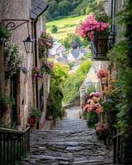 Fototapeta premium Charming stone pathway lined with vibrant flowers. Explore the picturesque beauty of a quaint village. Nature meets architecture in perfect harmony. Generative AI