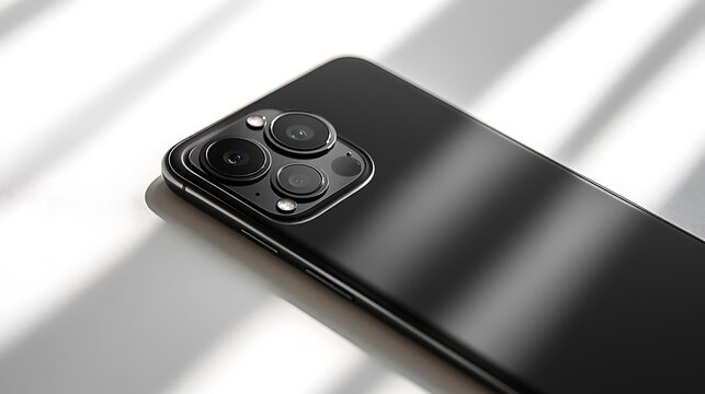 Fototapeta Smartphone with visible camera lens and minimal buttons, laid flat on matte white background, shot from top view with shadow barely visible. Created Using: minimalist branding image,