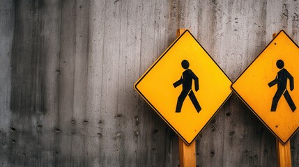 Two pedestrian warning signs against a textured concrete wall, indicating safe walking areas