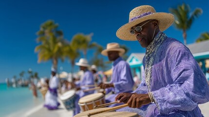 Fototapeta premium Drummers in Traditional Attire Playing Music on Tropical Beach