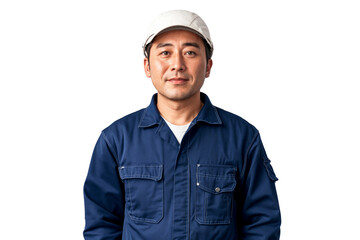 Portrait of a smiling Asian mechanic worker in a blue work uniform and helmet, isolated on transparent background