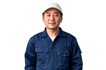 Portrait of a smiling Asian mechanic worker in a blue work uniform and helmet, isolated on transparent background