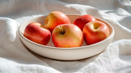 White ceramic bowl with apples positioned on textured white linen cloth, shot top-down with soft light, minimalist shadows. Created Using: home-style food photography, editorial setup,