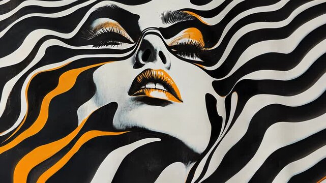 Psychedelic Black and White Striped Woman's Face with Zebra Pattern and Wild Animal Texture