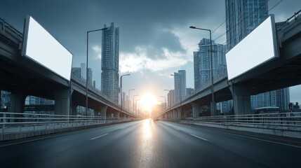 Fototapeta premium Urban Roadway with Modern Skyscrapers and Dramatic Sunset Light
