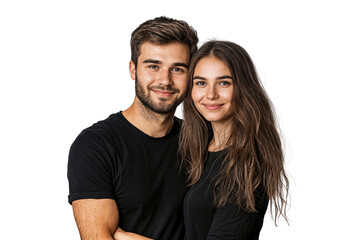 Obraz premium Happy young couple in black outfits smiling warmly while posing together, expressing love, isolated on transparent png