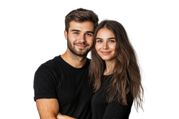 Happy young couple in black outfits smiling warmly while posing together, expressing love, isolated on transparent png