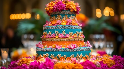 Naklejka premium A stunning wedding cake stands tall, decorated with bright flowers and intricate designs, serving as the centerpiece for a joyful celebration. The setting exudes warmth and festivity