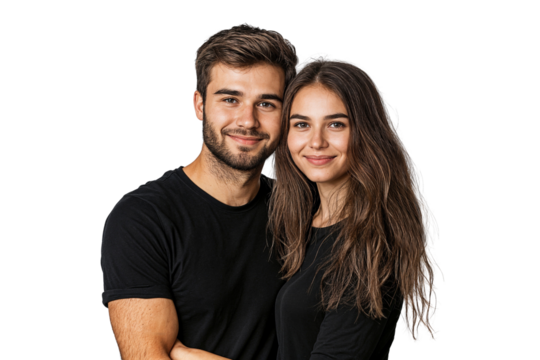 Happy young couple in black outfits smiling warmly while posing together, expressing love, isolated on transparent png - Powered by Adobe