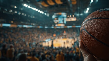 Person holding a basketball with a packed stadium in the background under bright arena lights perfect for game day visuals, fan culture promotions and professional sports media design