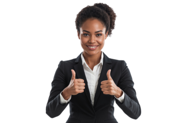 Portrait of a confident African American businesswoman giving a thumbs up sign, isolated on transparent png